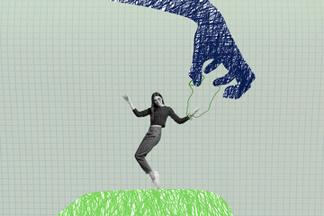 Banner sketch image pop full collage of puzzled employee girl hang master ribbon hand scribble...