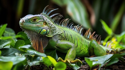 Obraz premium Vivid green iguana amidst lush tropical foliage.