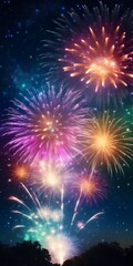 Dazzling display of fireworks bursting in a variety of colors against the night sky, symbolizing celebration festivity