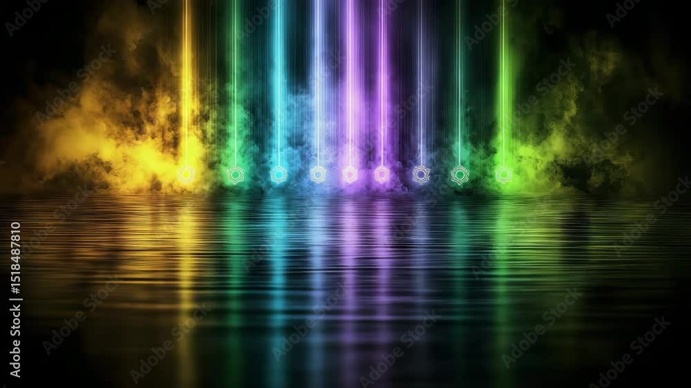 Poster vivid chakra symbols emit colorful vertical beams of light and mist above a reflective water surface