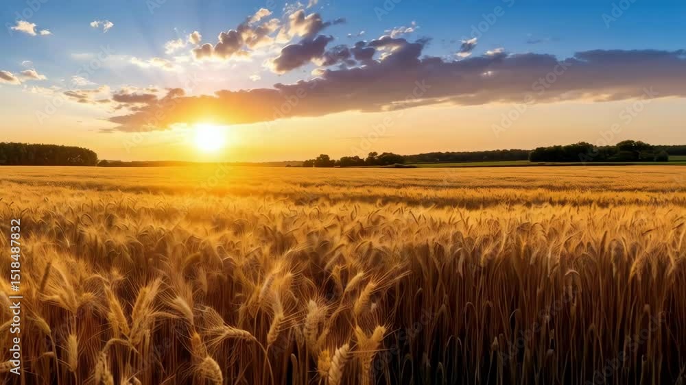 Poster golden wheat field glows with warmth as the sun sets casting rays and a beautiful sky with clouds in