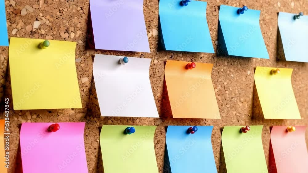Poster colorful sticky notes with push pins attached to a cork bulletin board background for organization a