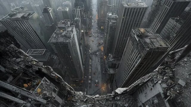 Aerial view of a devastated city with crumbling skyscrapers, debris, and a deserted street after apparent destruction.