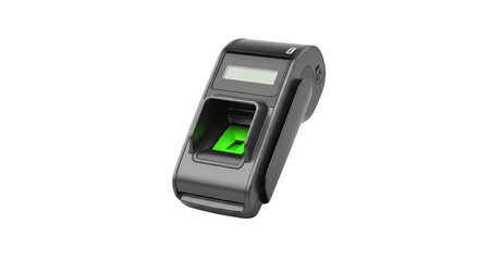 Fingerprint scanner biometric security device with green light. Access control and authentication system. Technology and data protection. Isolated device for website banner or poster.