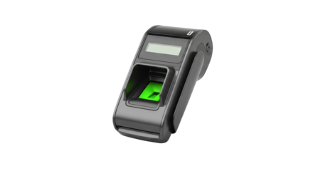 Fingerprint scanner biometric security device with green light. Access control and authentication system. Technology and data protection. Isolated device for website banner or poster.