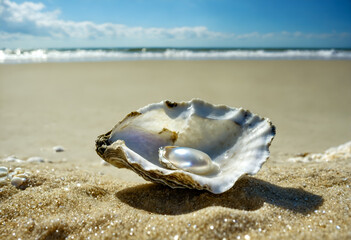 Seashell with pearl on beach