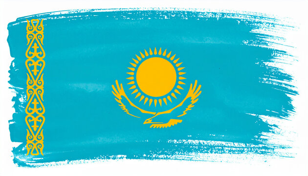 Watercolor painting of Kazakhstan flag isolated on white backdrop. National symbol. Hand drawn art.
