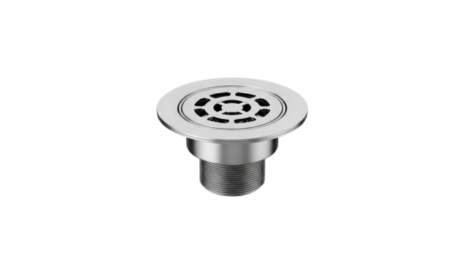 Metal sink drain for plumbing. Modern design. Water system equipment for kitchen or bathroom. Sanitary engineering. Silver stainless steel metal texture for design, banner, poster