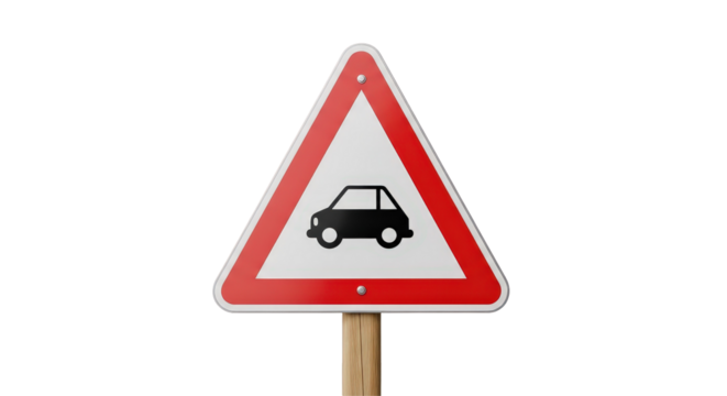 Road sign warning of cars for safety. Transportation hazard symbol for traffic awareness. Caution sign design for banner, poster, website.