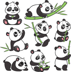 Set of 8 Playful Cartoon Pandas  Baby and Mother Bear Bamboo Cute Expressions