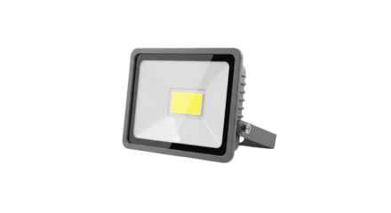 LED flood light for outdoor lighting and industrial applications. Modern design for security and landscape illumination. Transparent PNG for design, website.