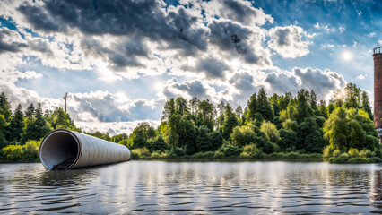 Polluted water nature and factory chimneys