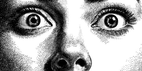 Engraved illustration of surprised expression with blush. Wide eyes face in vintage etching style. Detailed black and white artistic drawing.