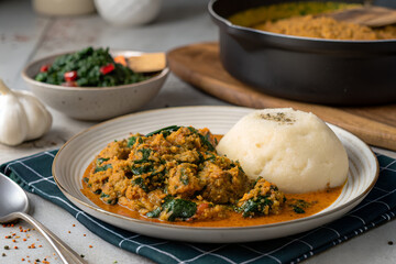 A plate of eba and egusi soup with vegetables is served on a table