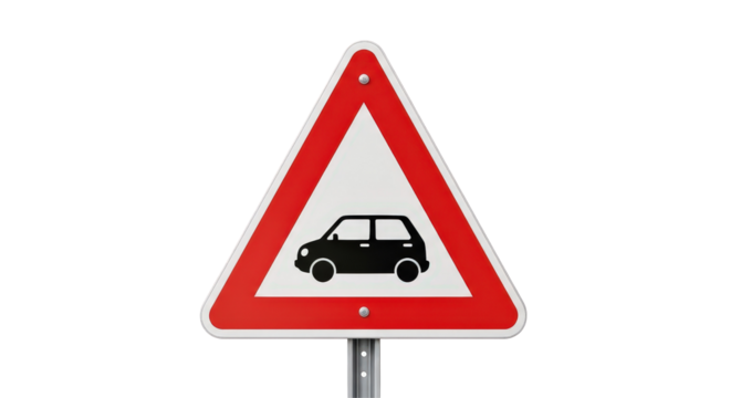 Car warning sign on a black background. Road safety and driving alert. Illustration, design element for traffic guidelines, advertising, web banner.