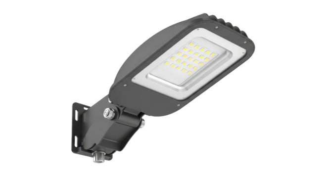 LED street light fixture for outdoor lighting. Modern style lighting equipment background for industrial banner, advertisement, poster, or website design.