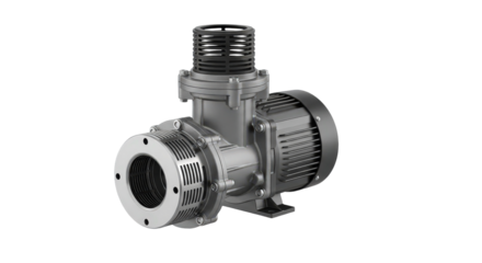 Industrial pump for water supply and irrigation. Metal, technology, engineering concept. Equipment for industry, manufacturing, machinery. Isometric view and design element. Space for text.