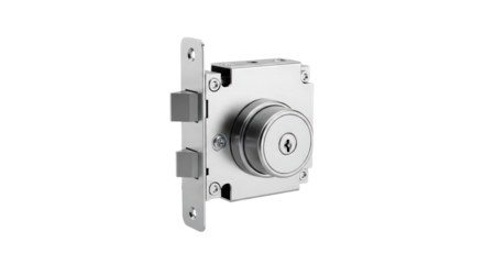 Metal cylindrical lock mechanism isolated on transparent background for security design, emblem creation. Safe access control.