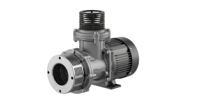 Industrial pump for water supply and irrigation. Metal, technology, engineering concept. Equipment for industry, manufacturing, machinery. Isometric view and design element. Space for text.