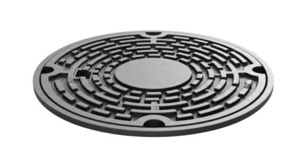 Maze-like manhole cover on black background. Intricacy, solution, and urban infrastructure concept. Design element for website, poster graphic.