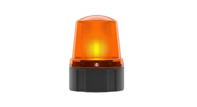 Amber warning light on black. Flashing emergency beacon for construction, traffic safety. Alert signal, roadside assistance. Isolated object for design, web.