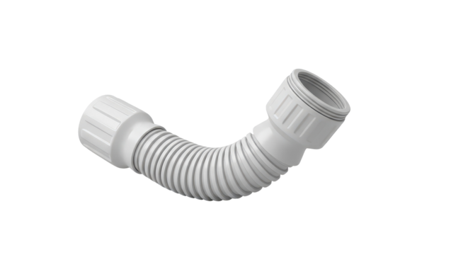 White PVC flexible corrugated pipe isolated on black background. Plumbing concept. Utility supply fitting for design and construction with copy space.