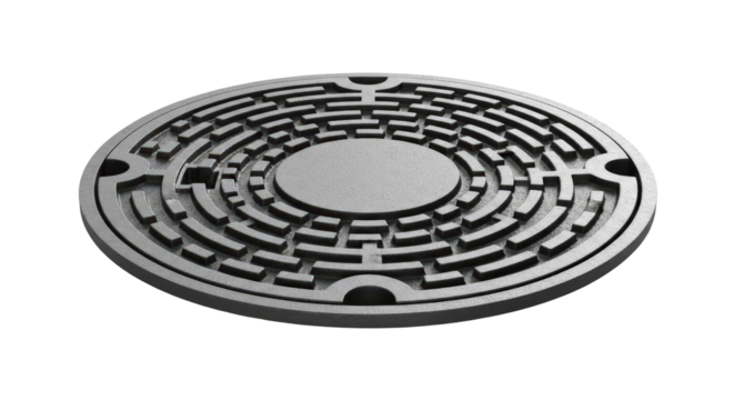 Maze-like manhole cover on black background. Intricacy, solution, and urban infrastructure concept. Design element for website, poster graphic. - Powered by Adobe