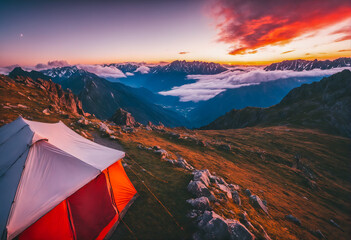 Camping. Tent on nature in mountain. Holidays and travel.