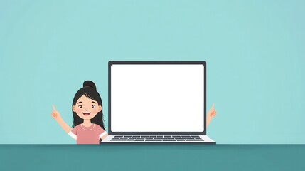 asian woman point to blank laptop screen to display content inside with unbelive action on table illustration , no logos, no brands
