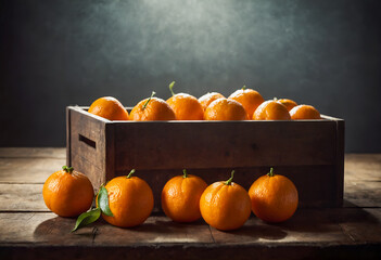 Fresh tangerines in wooden box on rustic table.