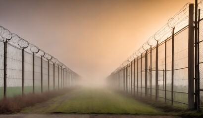 High security fence with barbed wire on border