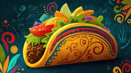 Illustrated Taco with Colorful Toppings on Dark Teal Background
