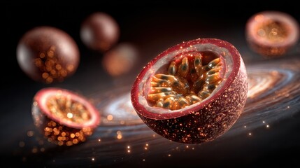 Passion Fruits, Whole and Halved, Against Dark Background