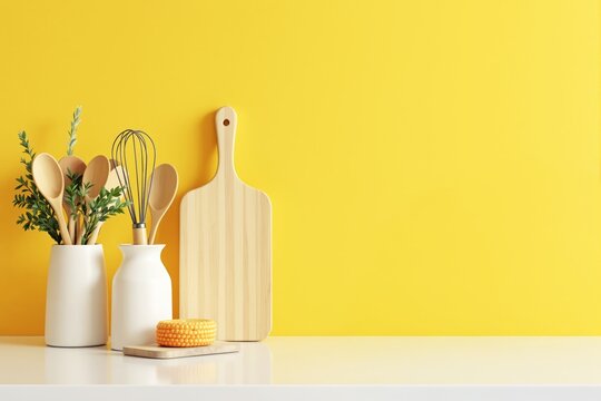 Wooden kitchen utensils in ceramic vases with corn and cutting board on clean countertop, minimal style on yellow background, concept of cooking. Ai generative - Powered by Adobe