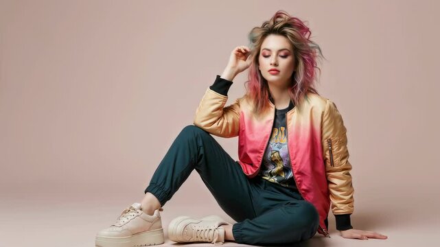 A young woman with trendy pink and blonde hair sits confidently on the floor, showcasing modern streetwear fashion. Youthful style and urban casual look with copy space, full body footage.
