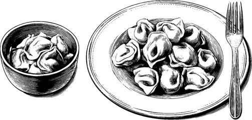 Engraved illustration of tortellini variety on plates for culinary design