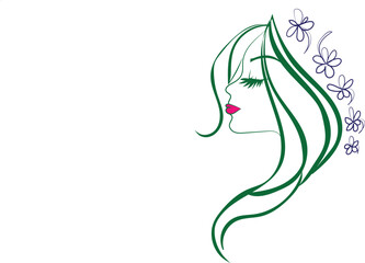 Vector illustration of a woman's face in profile, showcasing her hair and artistic beauty with a sketch-like, black line design perfect for fashion or salon logos