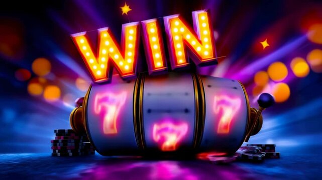Win flashes over slot machine reels, conveying the excitement of the casino and the feeling of instant victory