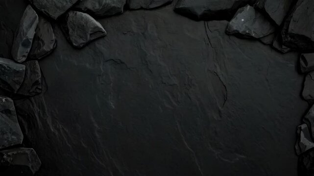 Dark stone background with rough texture, framed by black rocks in the corner. Abstract dark wallpaper for various uses.