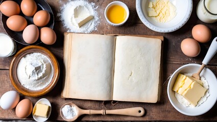 Bakery ingredients on blue. Sweet pastry baking. Top view, copy space