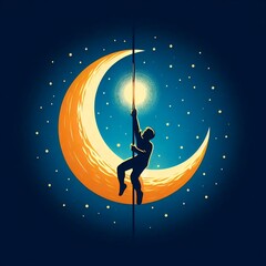 silhouette illustrator design of a person climbing with a moon background