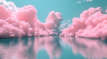 Pink cloudscape reflecting on a serene water surface.