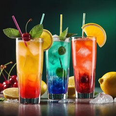 Colorful gin tonic cocktails in glasses on bar counter in pup or restaurant
