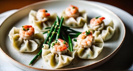 Shrimp and chive dumplings. Generative AI