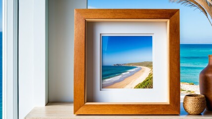 A framed picture of a beach with a blue sky in the background
