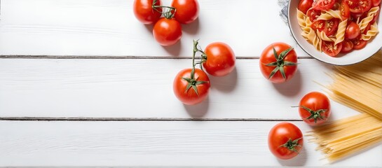 Tomatoes and spaghetti on white wooden table, pasta ingredients