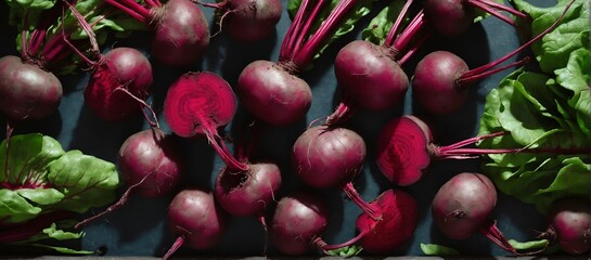 Beet root vegetable on dark. Top view, flat lay.