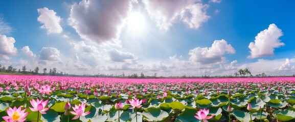Pink waterlily or lotus flower field.