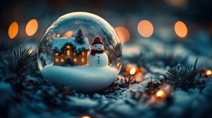 Tiny snow globe scene with snowman and house