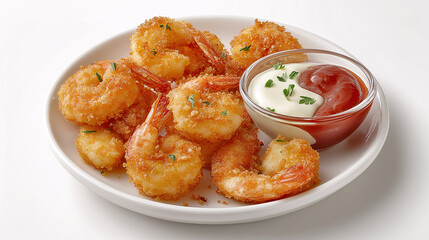 Golden Shrimp Platter: A close-up shot captures a mouthwatering display of golden-fried shrimp, artfully arranged on a pristine white plate, served with dipping sauces